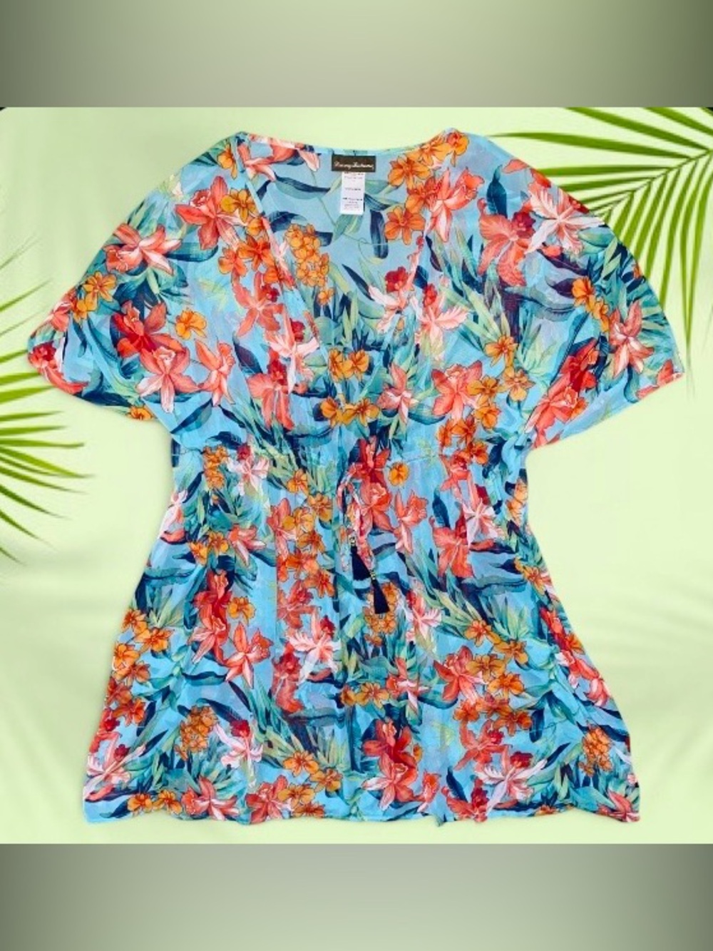 Tommy Bahama Women's Dolman Sleeve Tropical Floral Coverup Mini Dress L/XL ~NWOT